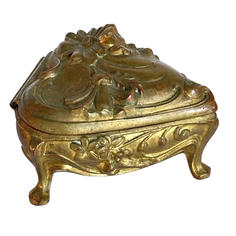 Vtg Antique Heart Shape Trinket Box‎ 24K Plate Ornate Floral Art Nouveau Lined